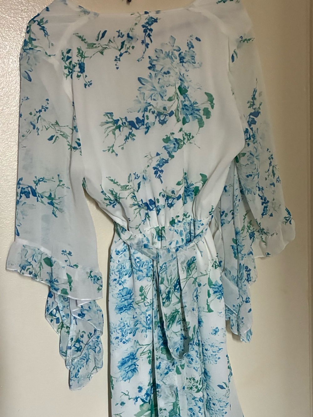 White Floral Chiffon Maxi Dress with Blue & Green Print